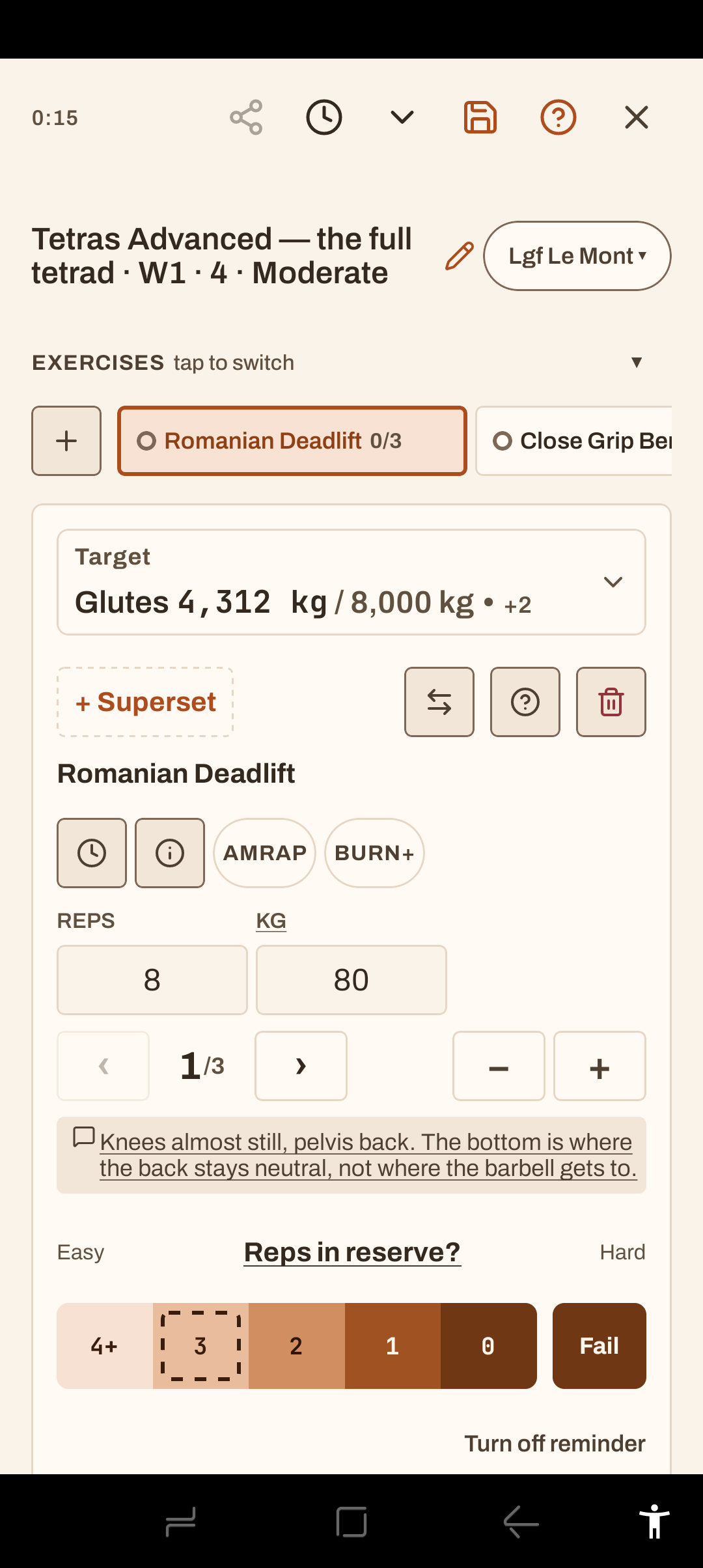 Metria logger, mid-workout: Romanian Deadlift, set 1 of 3 at 80 kg for 8 reps, with the reps-in-reserve picker.